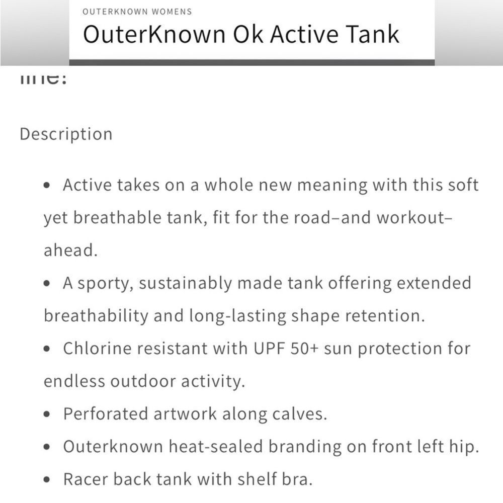 Outerknown OK Active Tank Black UPF 50+ Shelf Bra - Picture 5 of 5